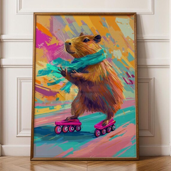 Colorful Capybara Roller Skating Wall Art Quirky Animal Poster Skater Painting Funky