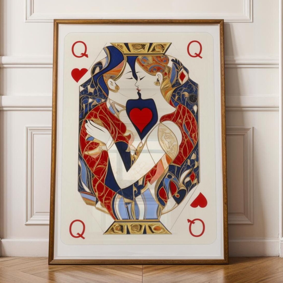 Queen of Hearts Playing Card Trendy Red Blue Artistic Poster