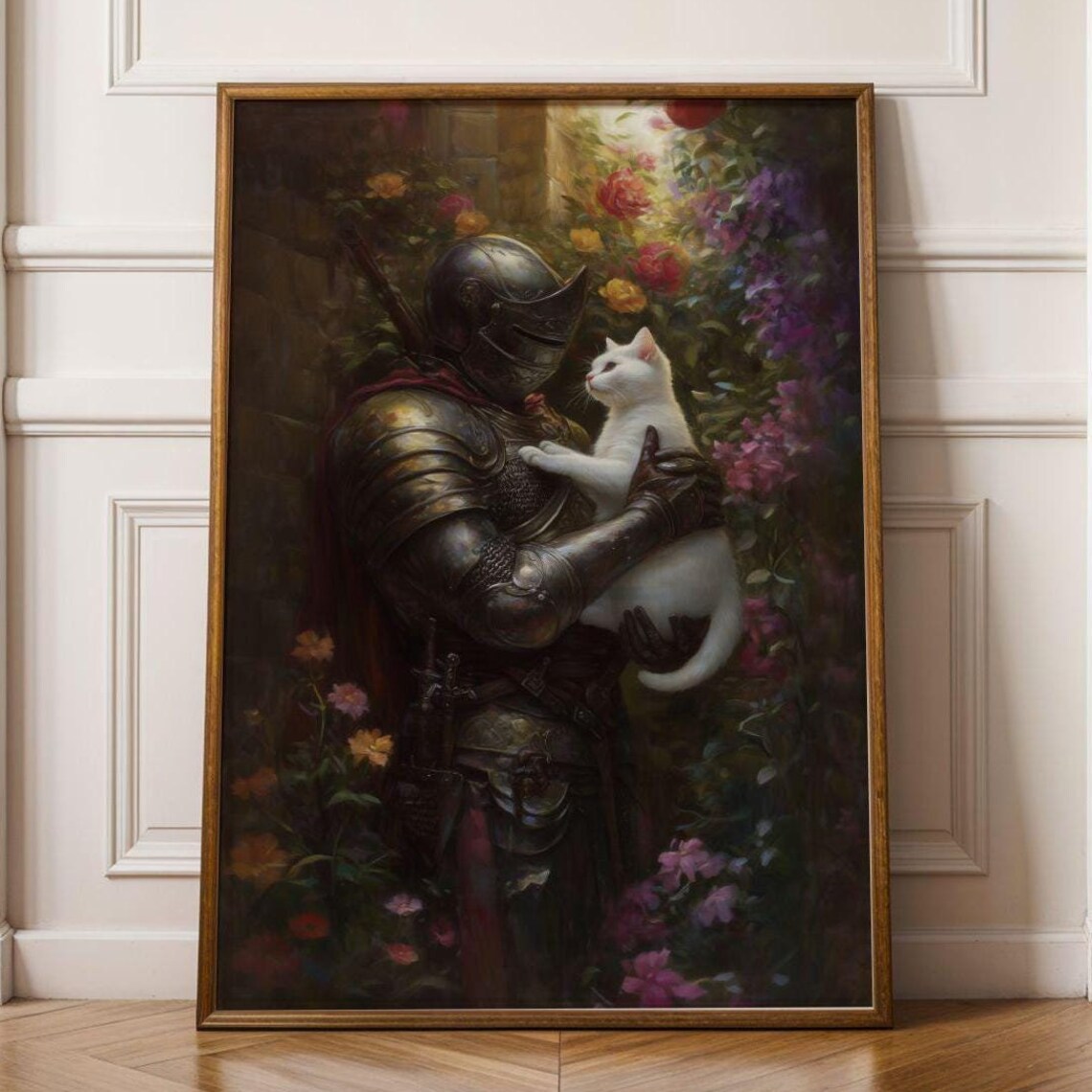 Medieval Knight And White Cat, Fantasy Decor