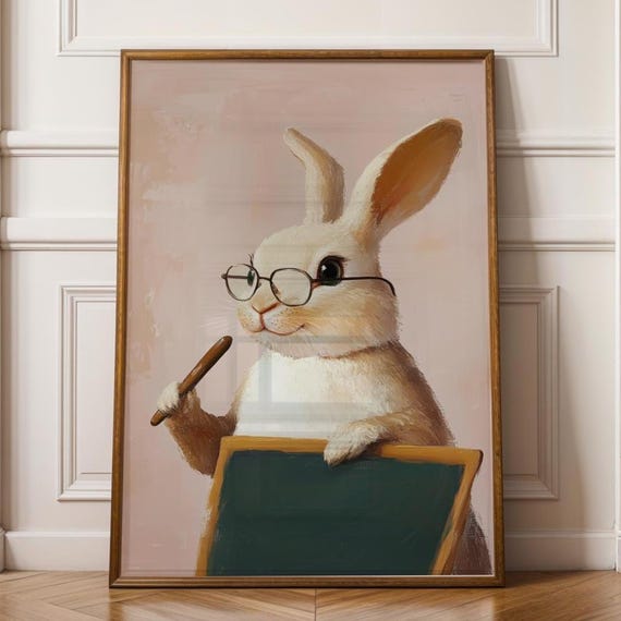 Cute Bunny Wall Art Nursery Decor Teacher Print Whimsical Retro Poster