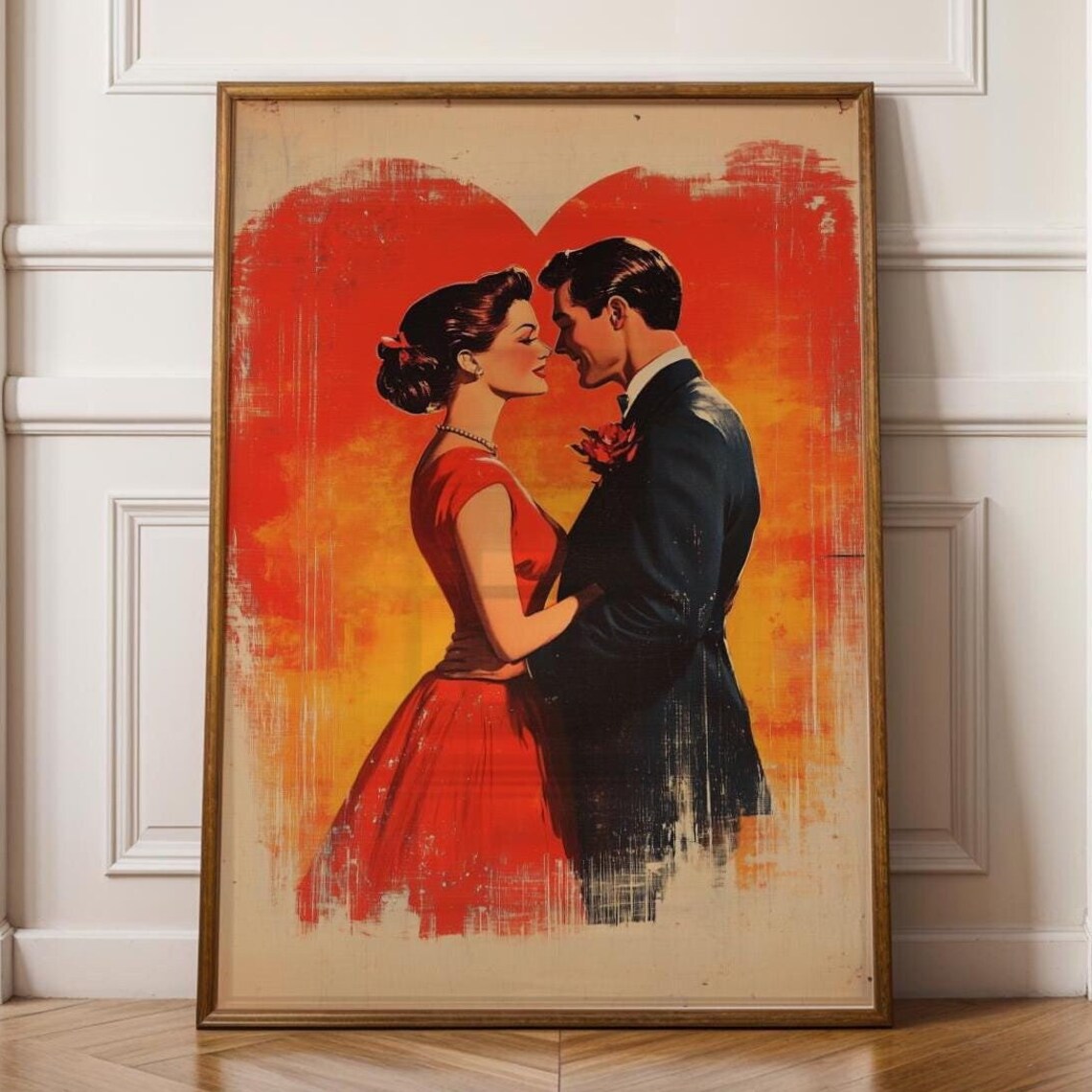Retro 1950s Couple Embracing Red Heart Background Vintage Love Poster