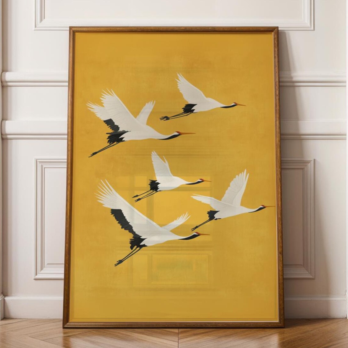 Flying Cranes, Japandi Boho Bird Art Print