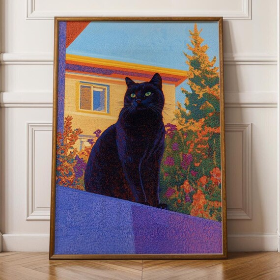 Retro Black Cat On Balcony Art Unique Wall Poster Retrostyle Painting Quirky