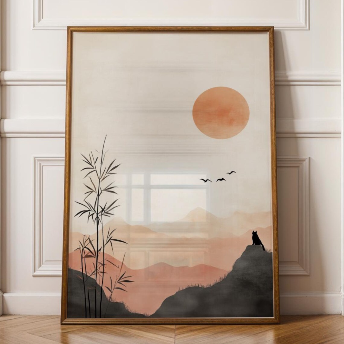 Minimalist Japanese Sunset, Bamboo and Cat Silhouette