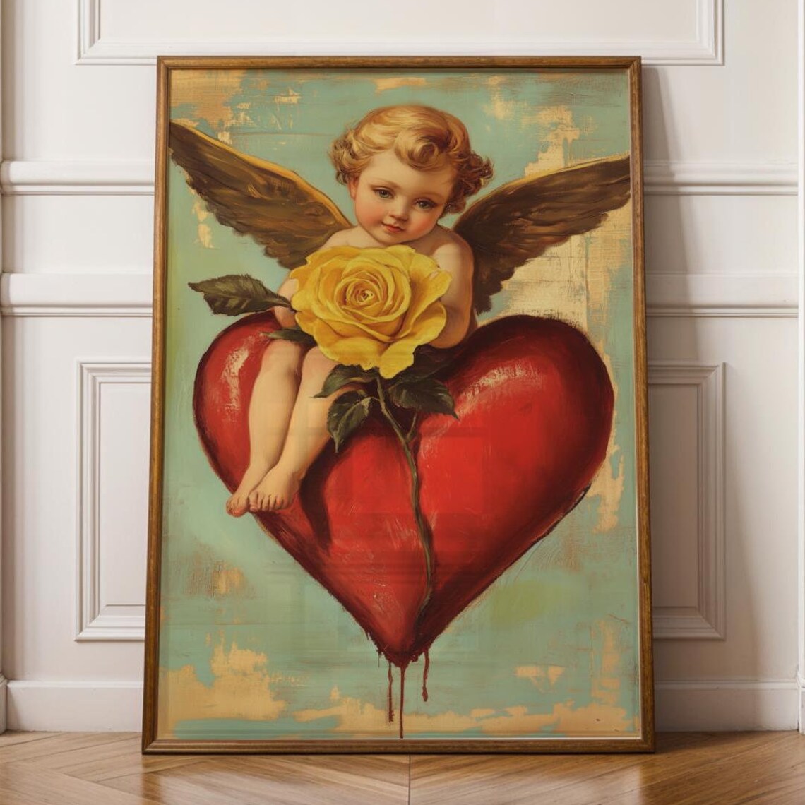 Cherub Sitting on Red Heart with Yellow Rose Vintage Valentine Poster