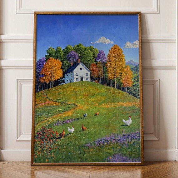 Rustic Farmhouse Chickens Autumn Hills Country Landscape Poster