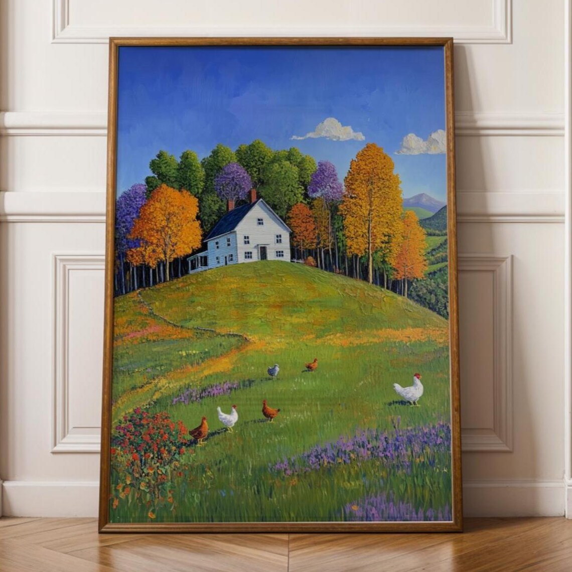 Rustic Farmhouse Chickens Autumn Hills Country Landscape Poster