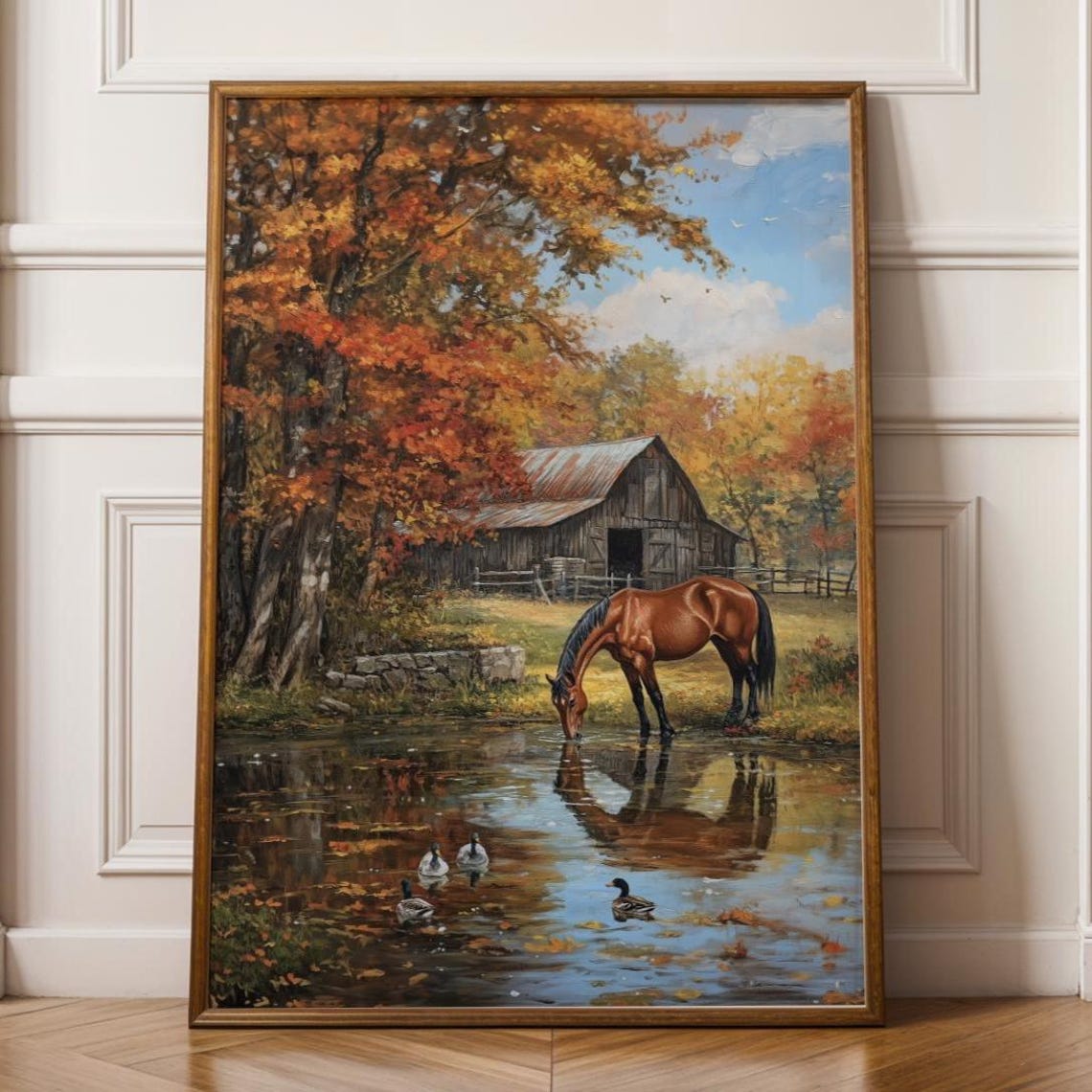Pastoral Horse Farm Wall Print Farmhouse Nature Decor Golden Fall Countryside Reflection