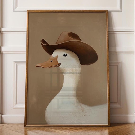 Silly Cowboy Goose Print Brown Western Nursery Art Neutral Southeastern Boy Room Animal Wall Hat
