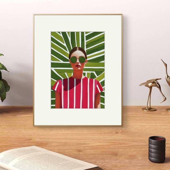 Woman In Striped Dress Modern Figurative Art Stylish Fashion Painting