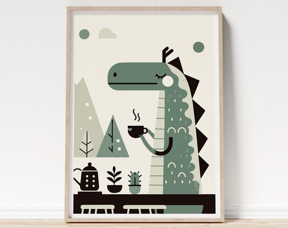 Quirky Dragon And Coffee Poster, Scandinavian Cafe Decor