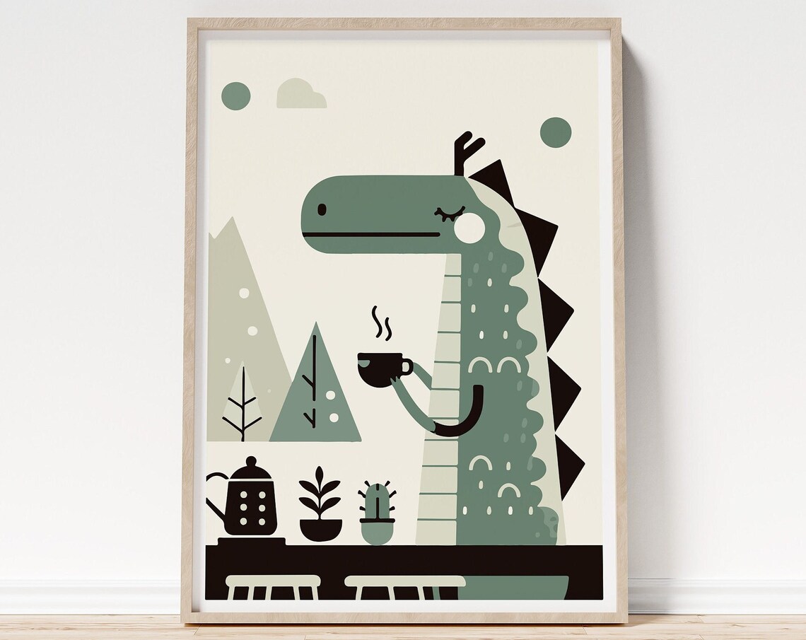 Quirky Dragon And Coffee Poster, Scandinavian Cafe Decor