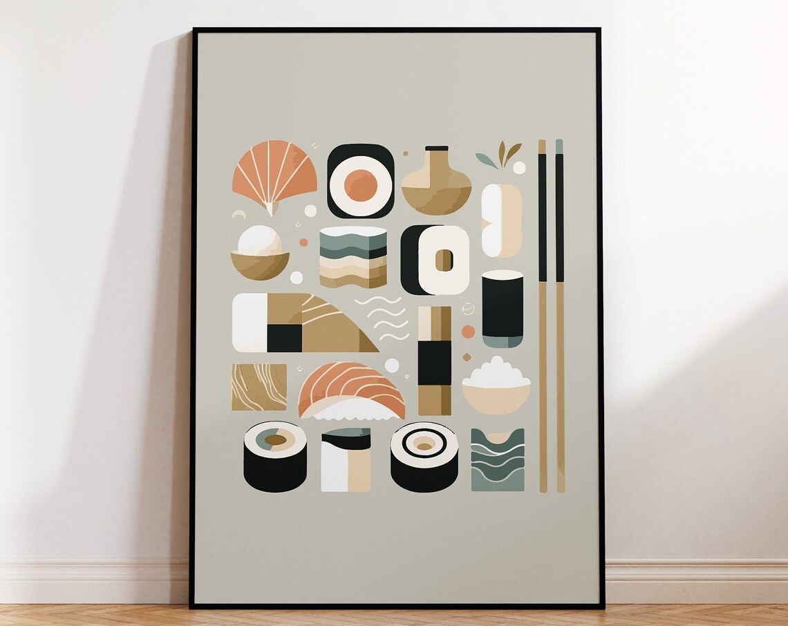 Modern Sushi Rolls Illustration Poster with Chopsticks Kitchen Art