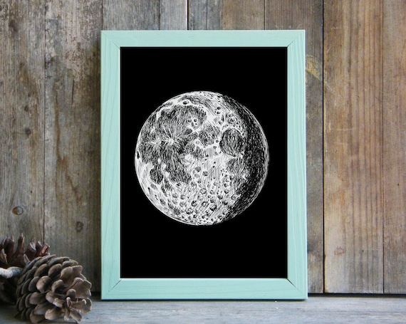 Full Moon White Ink Night Sky Lunar Sketch On Black Wall Art