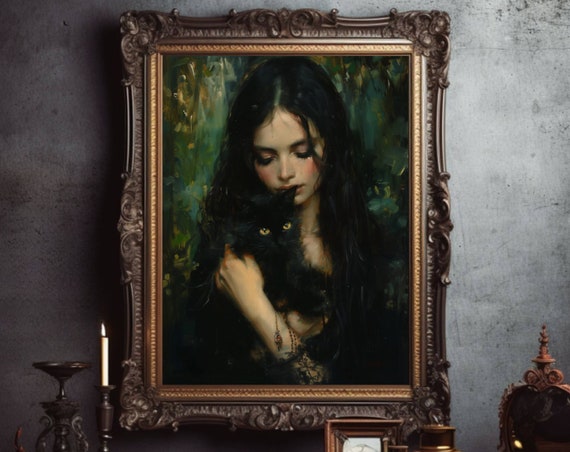 Moody Girl With Black Cat Poster Dark Academia Art Gothic Halloween Print Pretty Whimsigoth Wall Art Black Cat Lover Gift Unframed