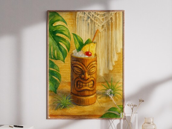 Tropical Tiki Mug Cocktail Watercolor Polynesian Bar Art Wall Print