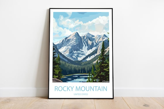 Rocky Mountain Snow Peaks Alpine Lake Vintage USA Travel Poster