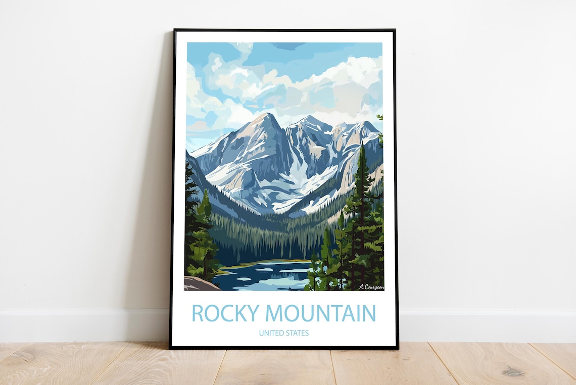 Rocky Mountain Snow Peaks Alpine Lake Vintage USA Travel Poster