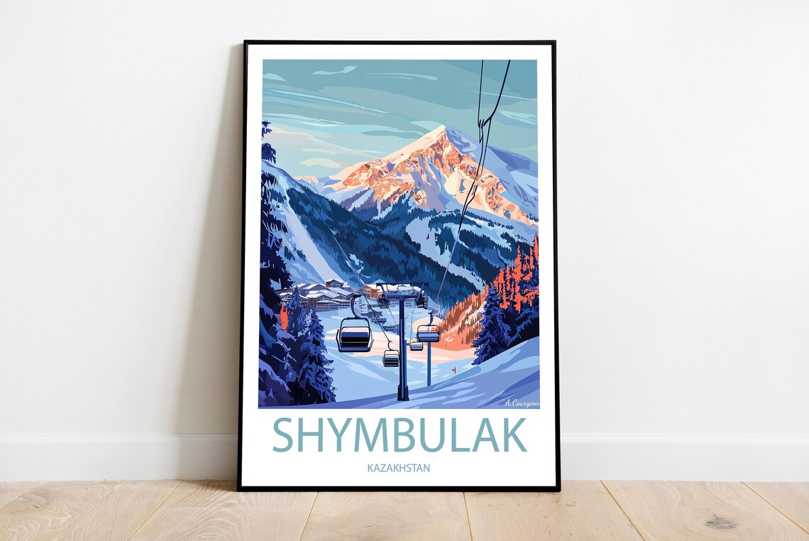 Shymbulak Kazakhstan Ski Resort Chairlift Mountain Travel Poster