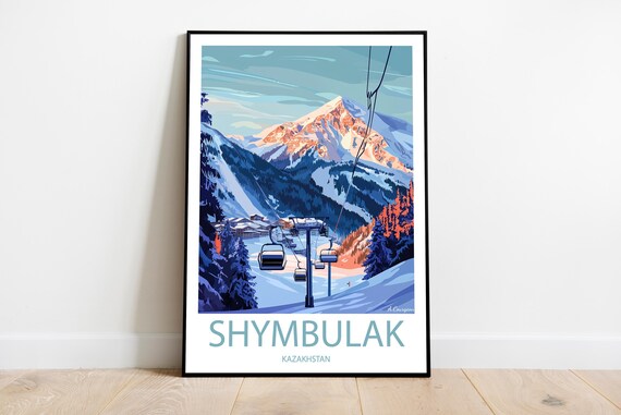Handmade Shymbulak Kazakhstan Poster Wall Art Modern Travel Framed Birthday Home Made Decor Gift Vector Illustration Print