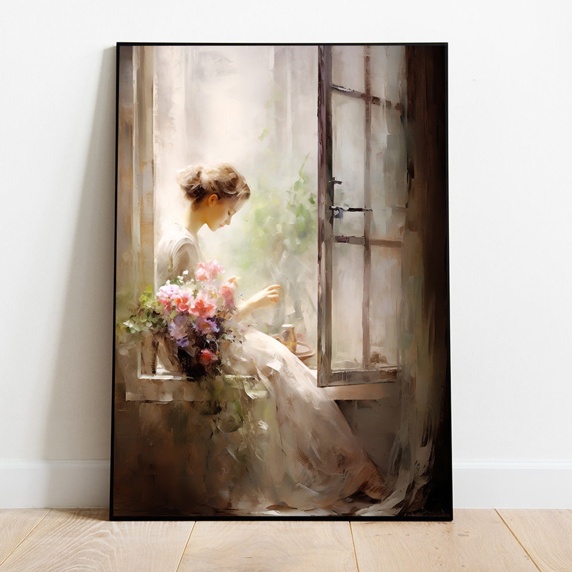 Impressionist Woman At Sunlit Window With Flower Bouquet Poster