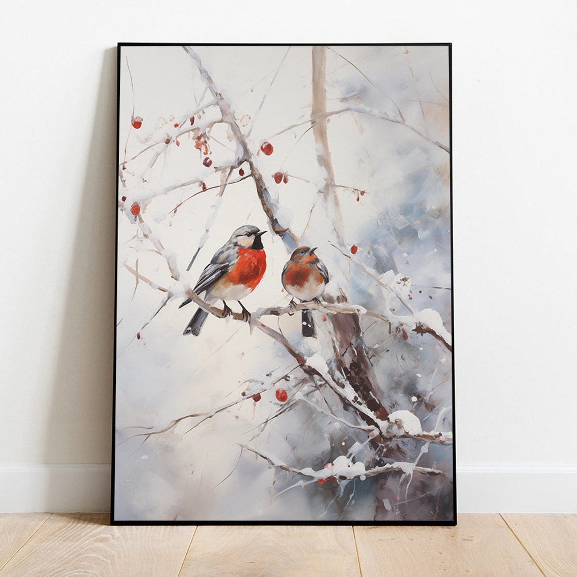 Two Robins Perched On Snowy Berry Branches Winter Bird Poster