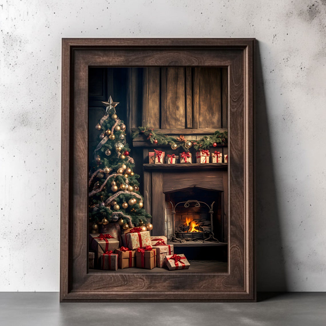 Rustic Gold Christmas Tree Beside A Warm Lit Fireplace Poster - Image 3