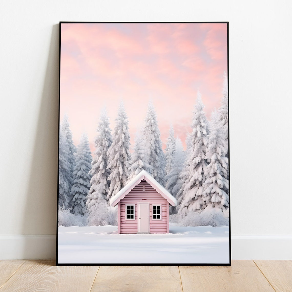 Pink Cabin In Snowy Forest Under Rosy Sunset Sky Winter Poster