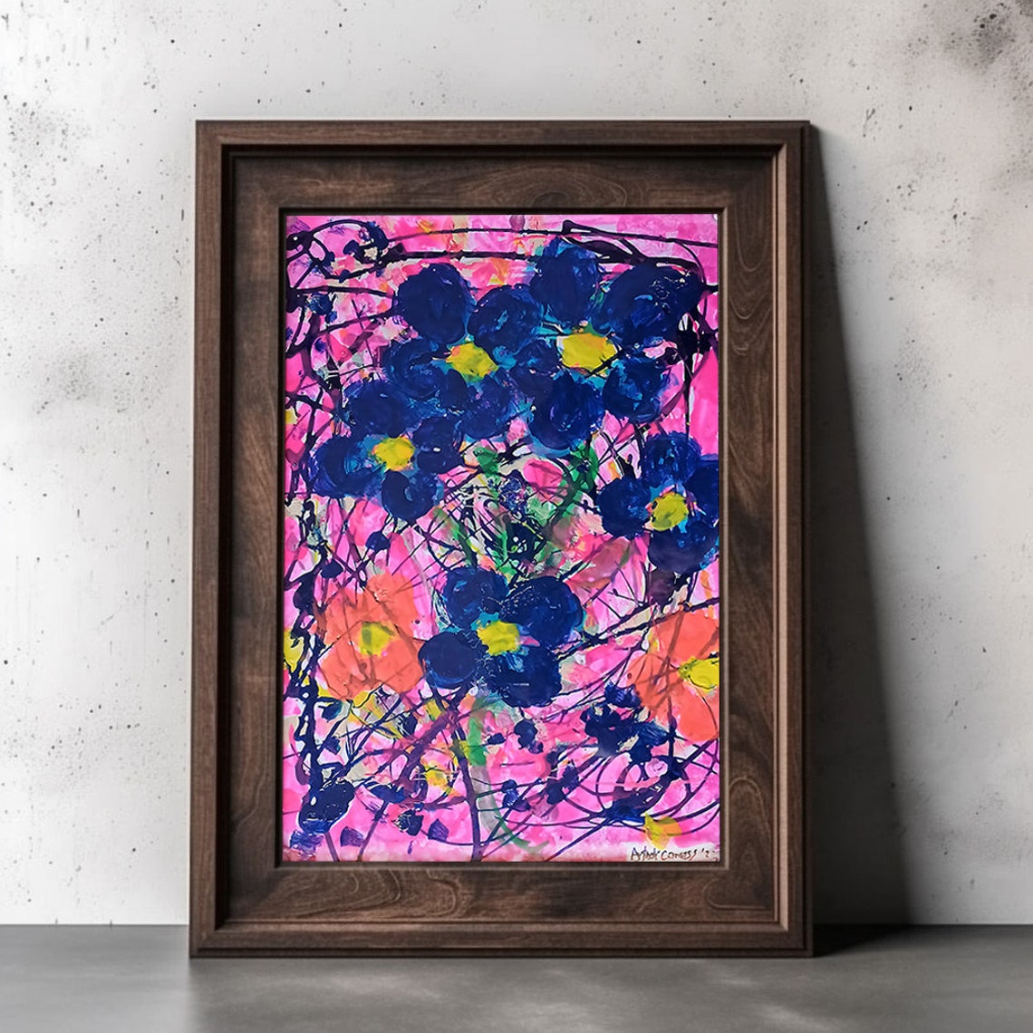 Vibrant Pink Floral Abstract Painting Cobalt Blue Flowers Poster - Image 2