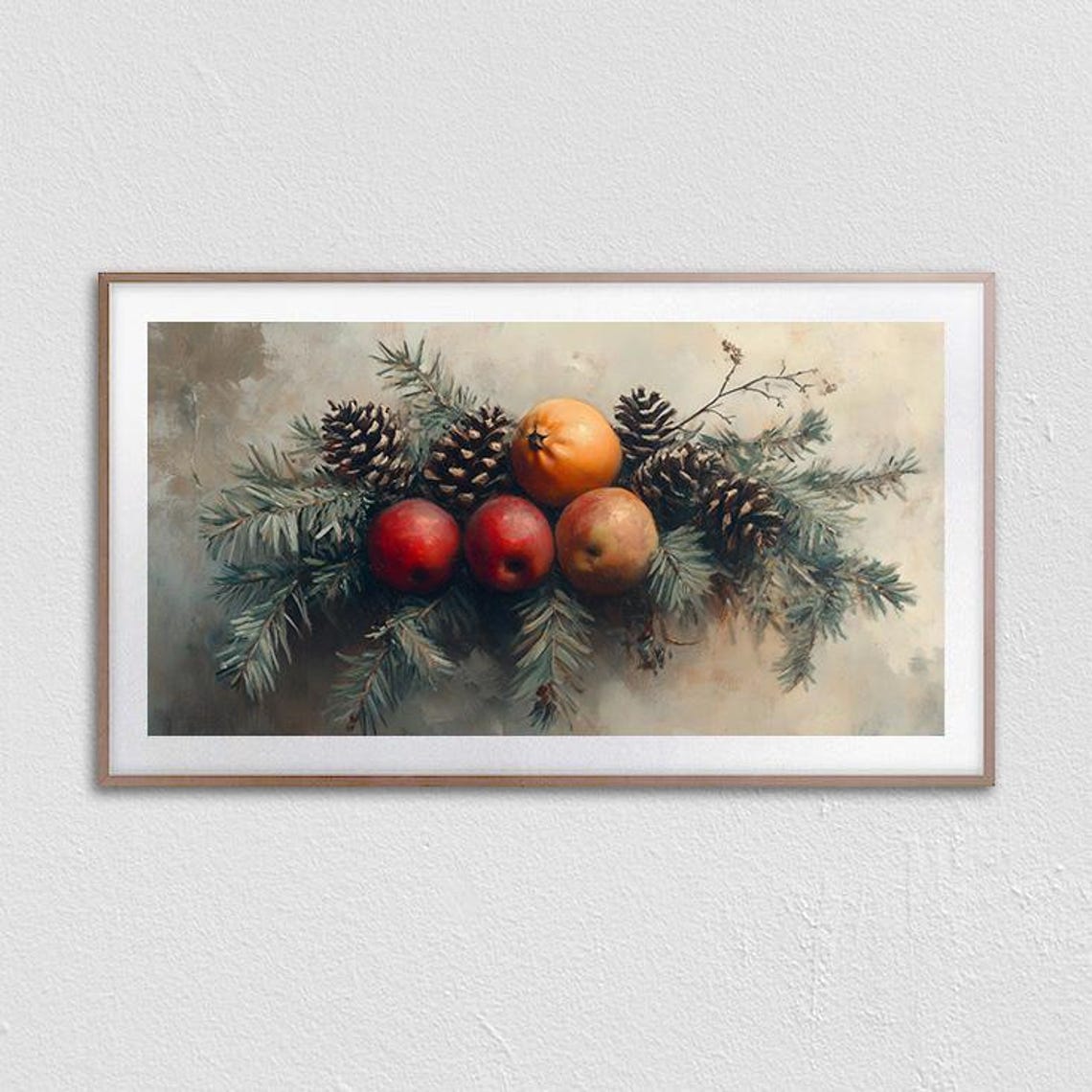 Winter Fruit Still Life Apples Oranges Pinecones and Evergreen Poster - Image 3