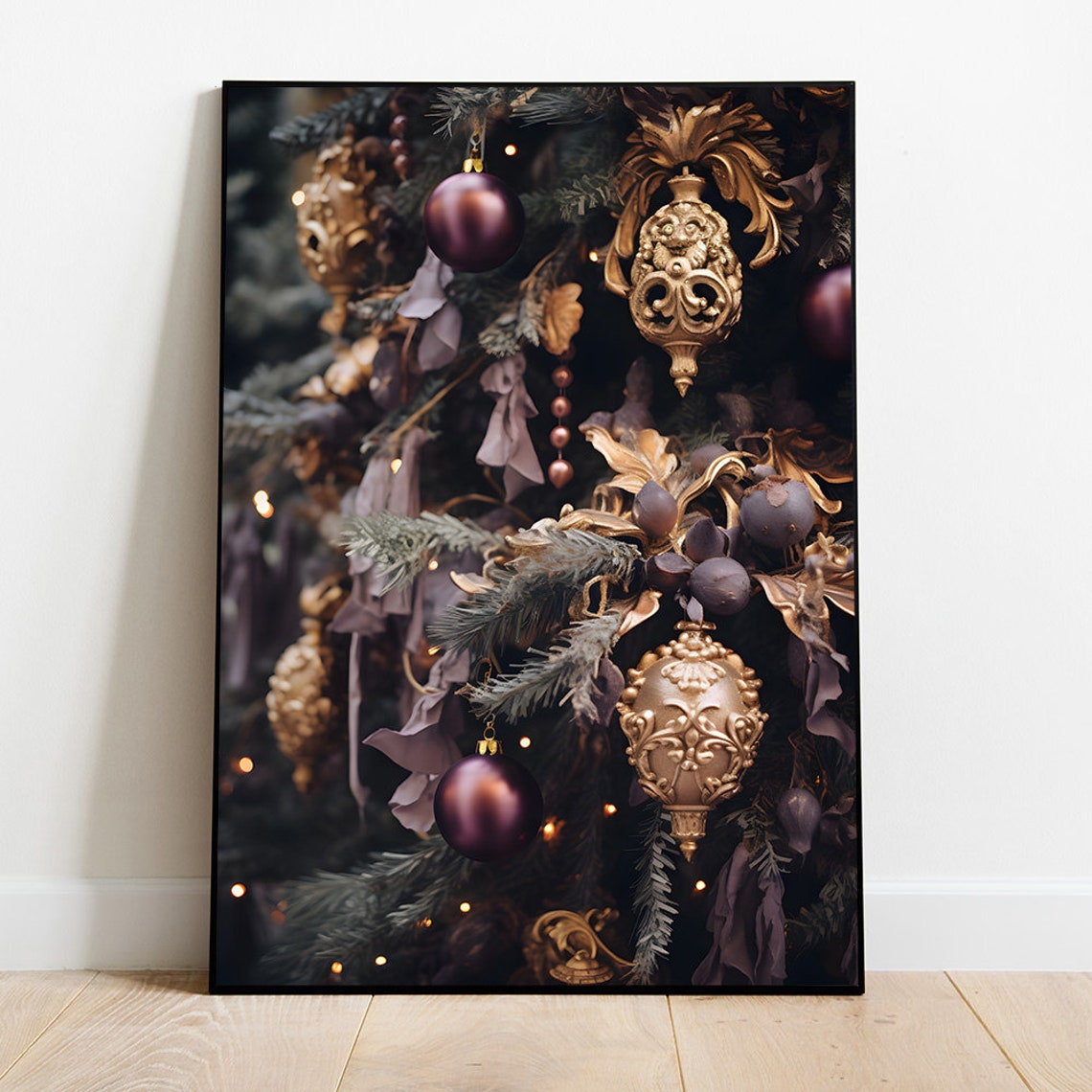 Luxurious Dark Christmas Tree With Purple Gold Ornaments Poster