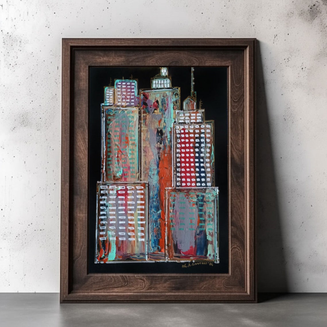 Abstract Night City Skyline Textured Impasto Skyscraper Wall Art - Image 2