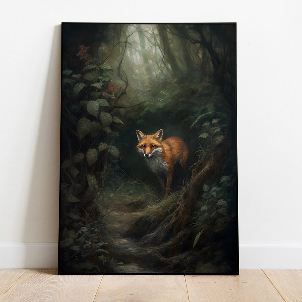 Red Fox Dark Misty Forest Oil Painting Wildlife Nature Poster