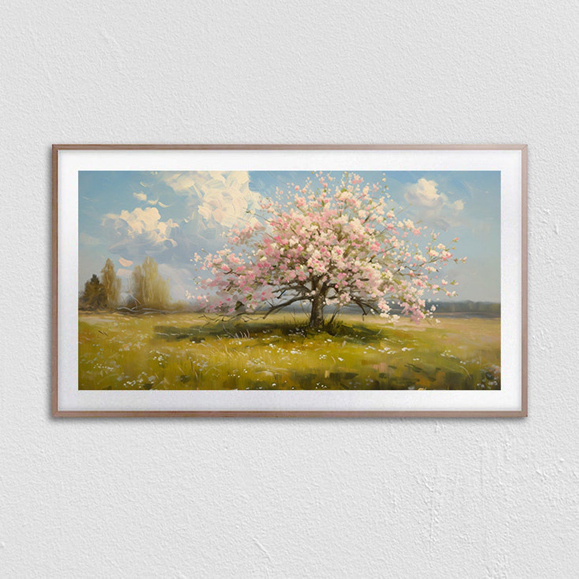 Pink Cherry Blossom Tree In Bloom Spring Meadow Landscape Poster - Image 3