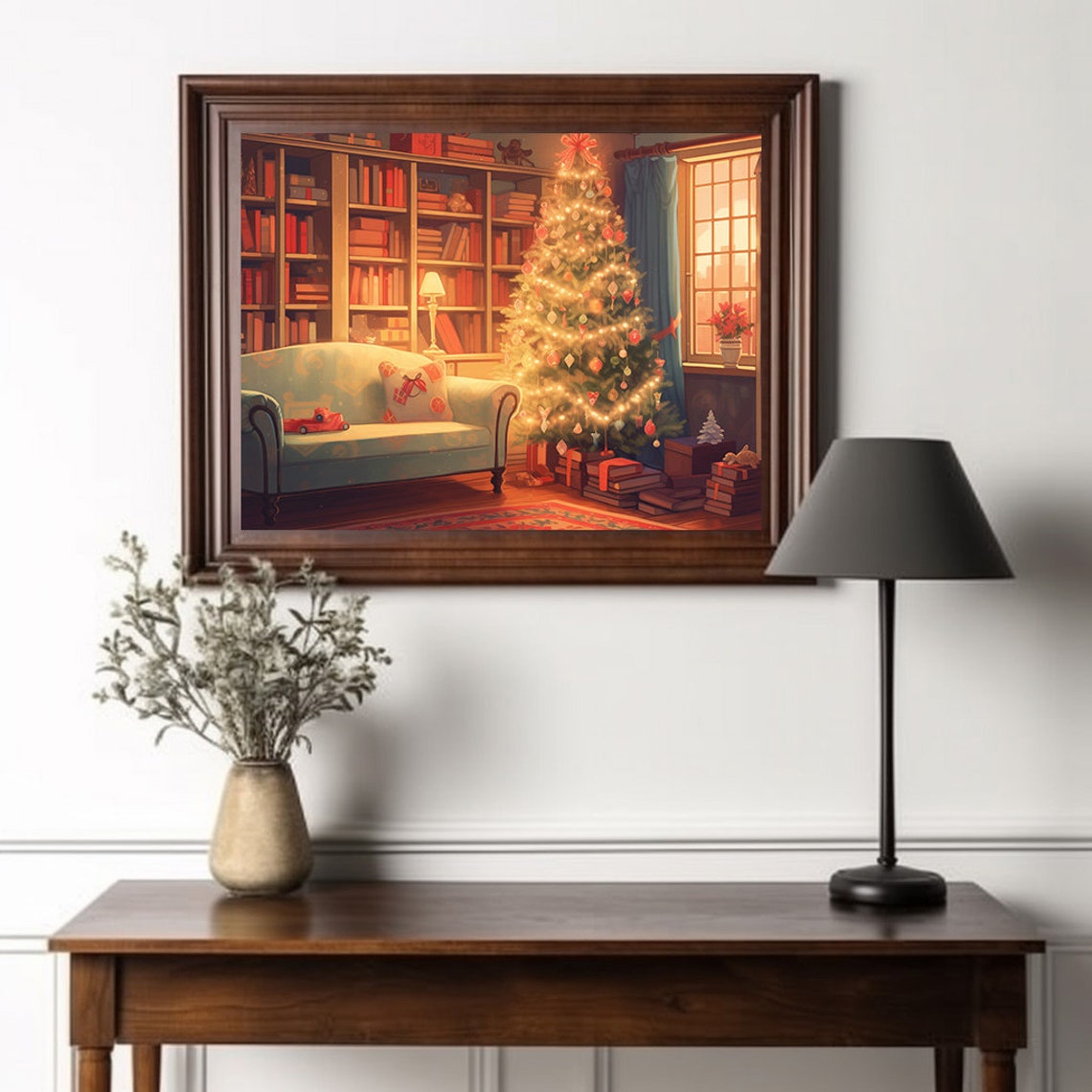 Warm Christmas Living Room Library With Glowing Lit Tree Poster - Image 2