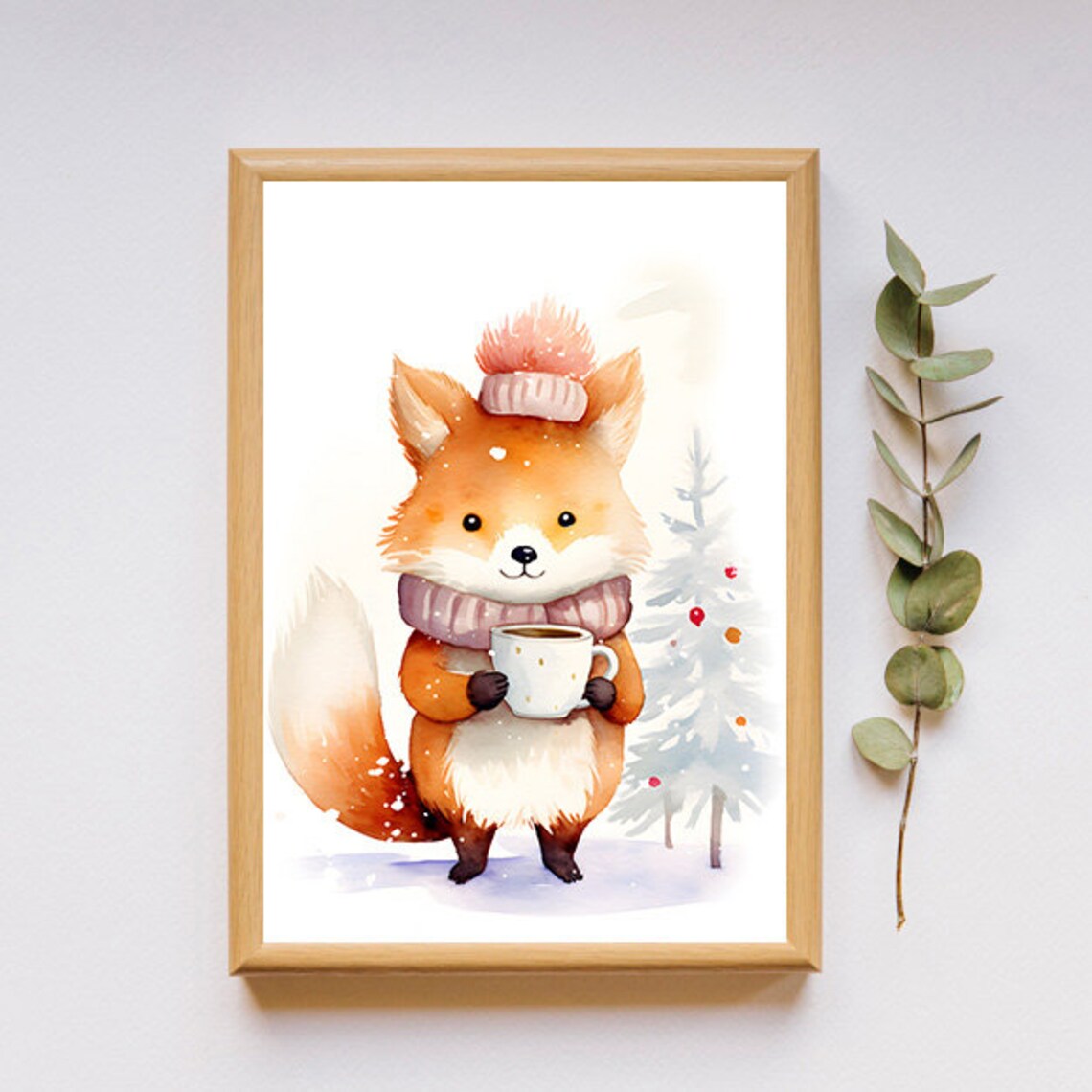 Cute Watercolor Fox In A Winter Hat Holding Hot Cocoa Mug Poster - Image 2