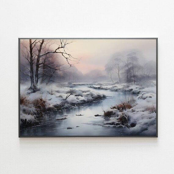 Vintage Winter Landscape Print Rustic Winter Painting Moody Country Scenery Christmas Art Cottagecore Wall Art