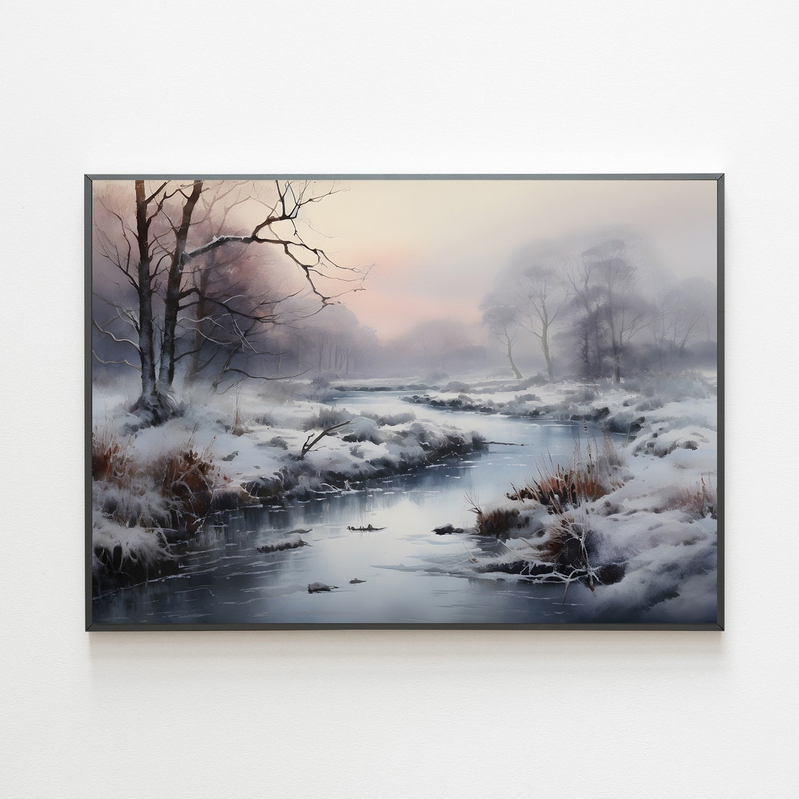 Misty Winter Stream With Snowy Banks Watercolor Landscape Poster