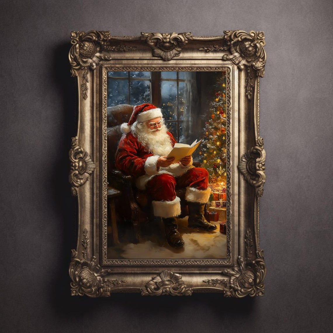 Santa Claus Reading by the Window Beside Christmas Tree Cozy Poster - Image 3