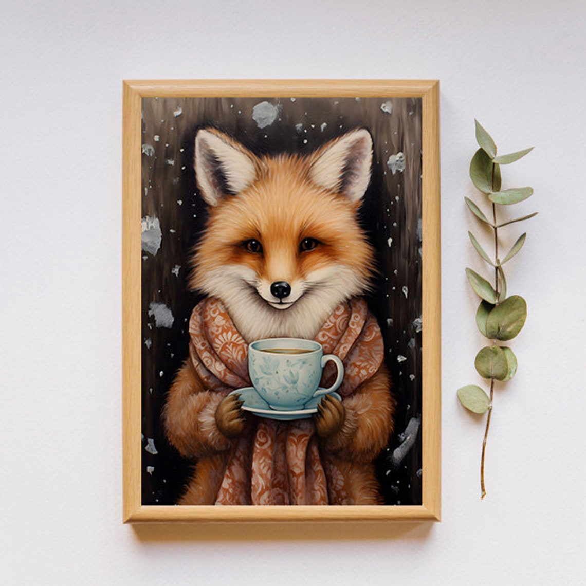 Smiling Fox Wrapped In A Shawl Holding A Teacup Winter Poster - Image 2