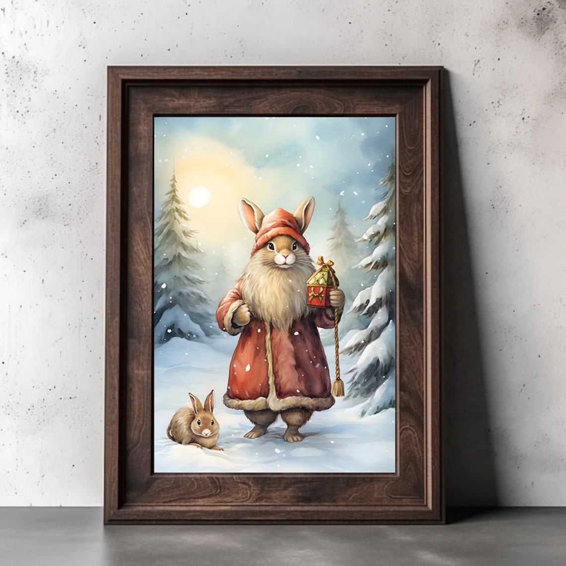 Bunny Santa With Lantern In Snowy Forest Watercolor Wall Art - Image 2