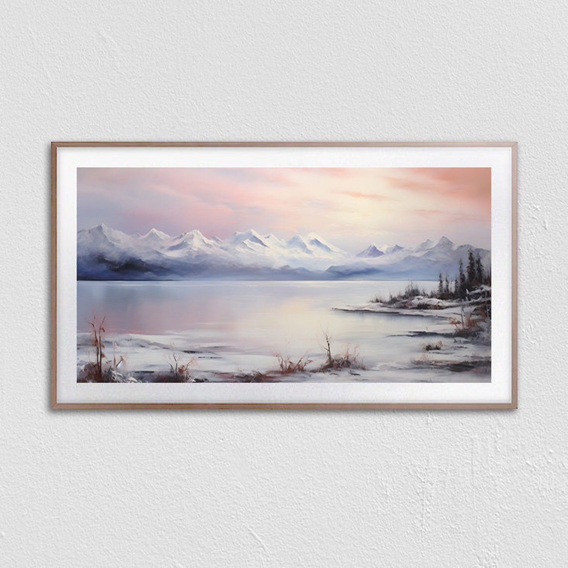 Snowy Mountain Range Reflected In A Calm Lake At Pink Sunset Poster - Image 3
