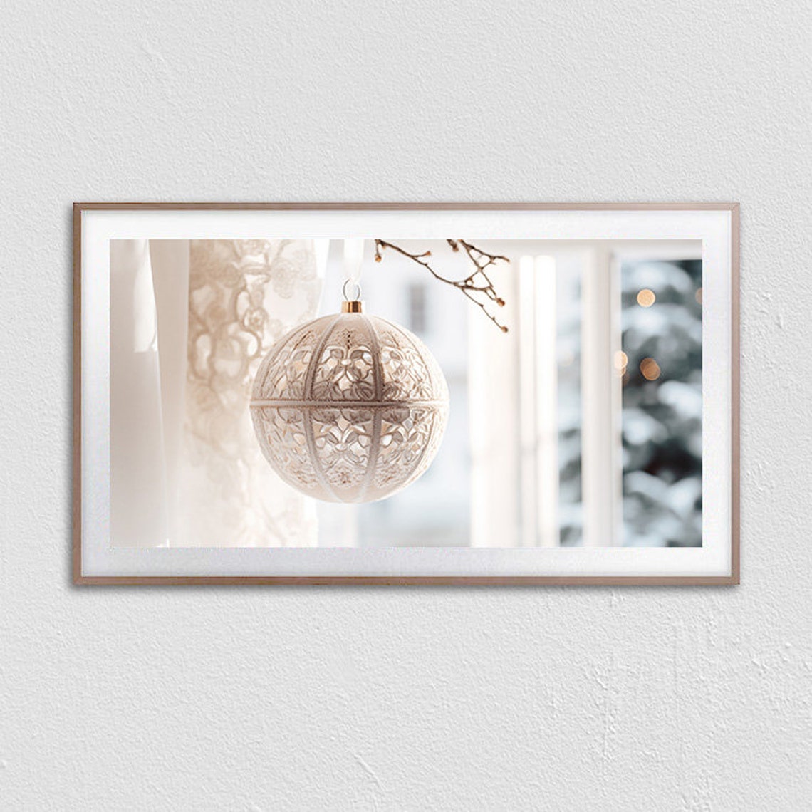 White Lace Christmas Ornament Hanging In Bright Window Poster - Image 3