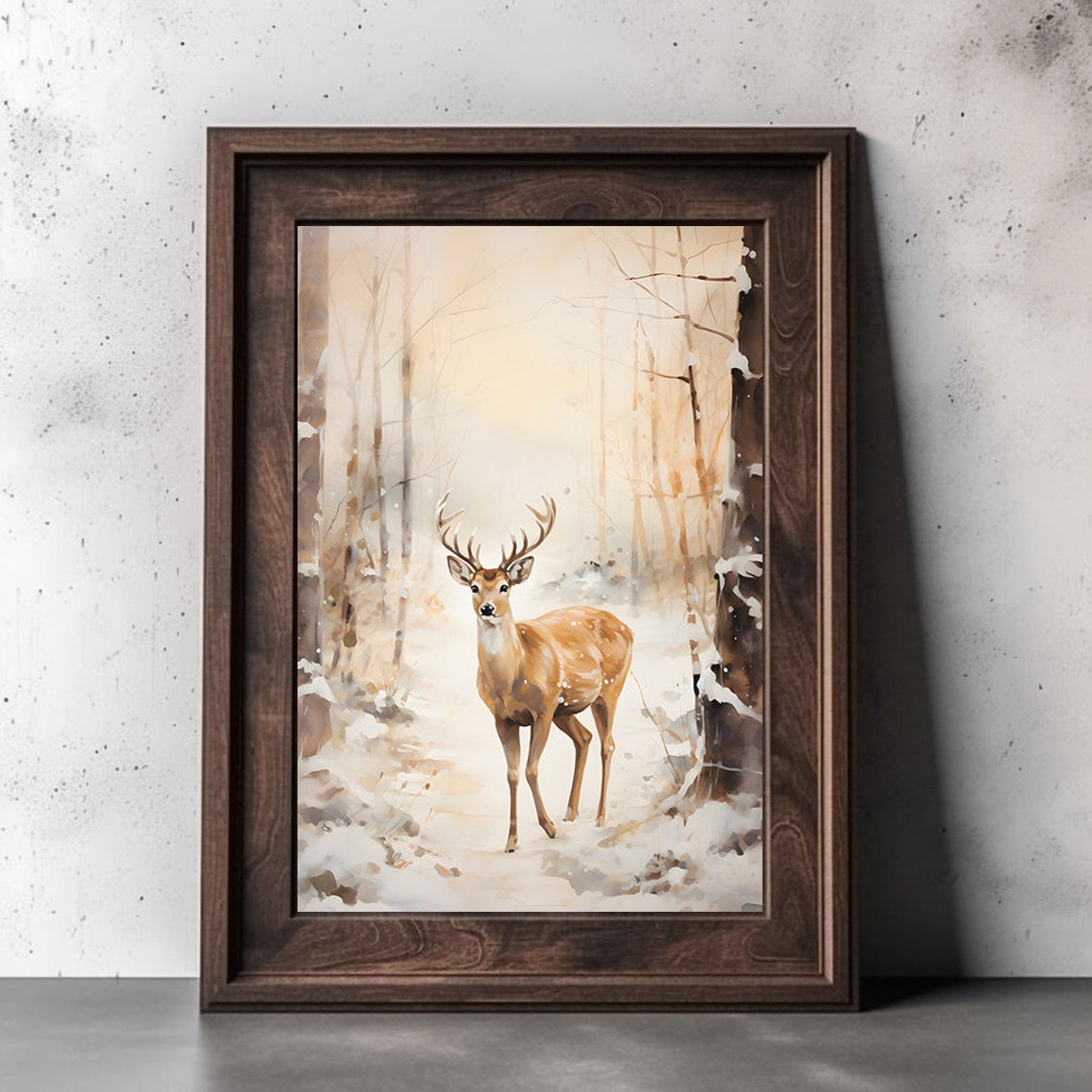 Golden Deer Buck With Antlers In Snowy Forest Watercolor Poster - Image 2