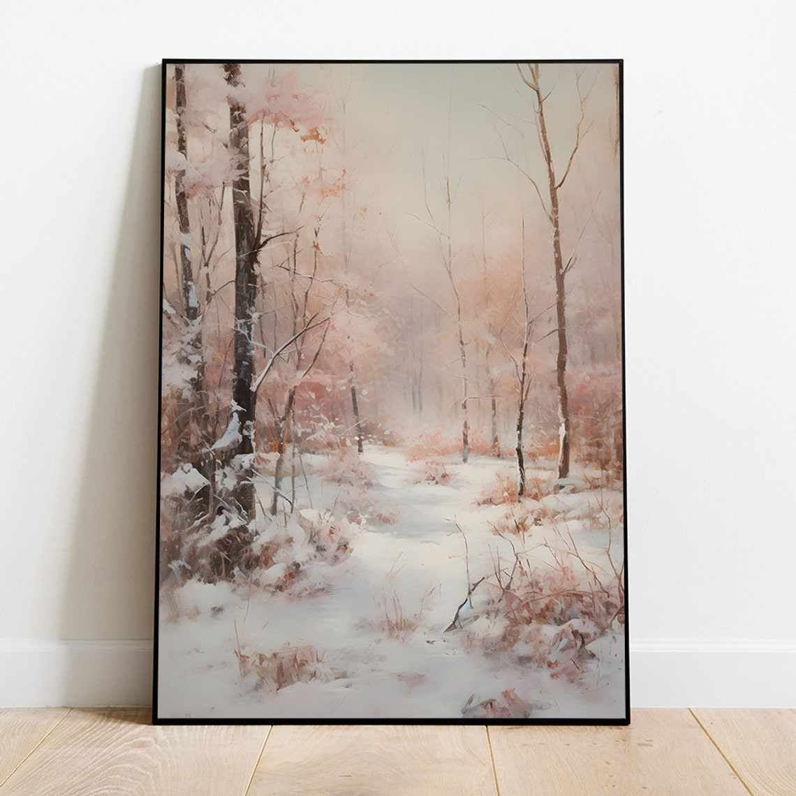 Blush Pink Snowy Forest Path In Soft Winter Light Landscape Poster
