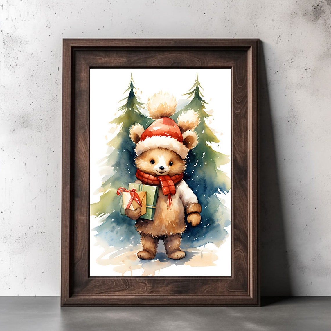 Cute Teddy Bear In Santa Hat Holding Gifts Watercolor Wall Art - Image 3