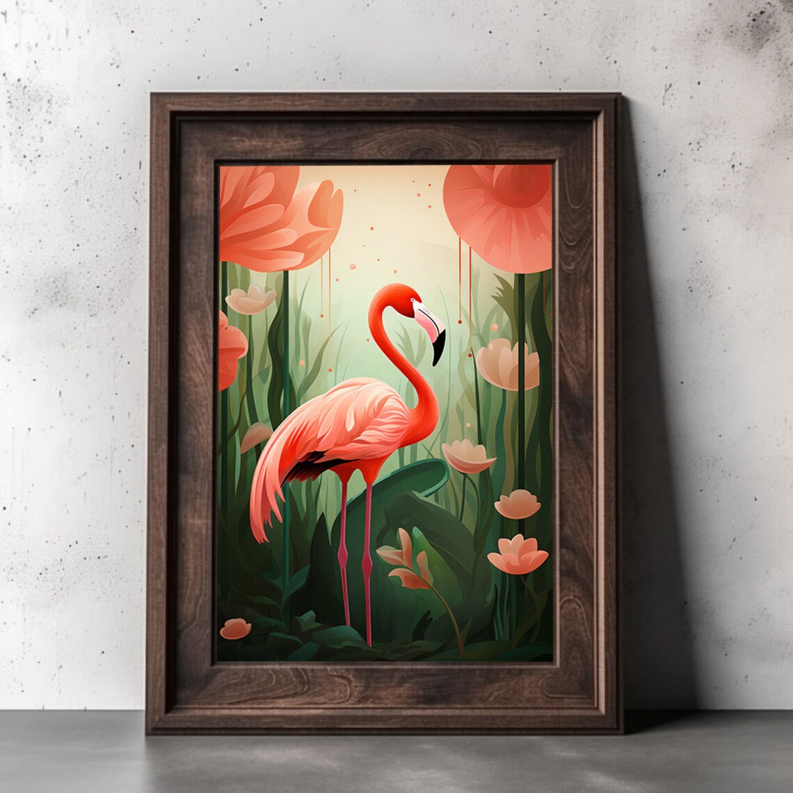 Pink Flamingo in Tropical Flower Garden Botanical Illustration Poster - Image 2