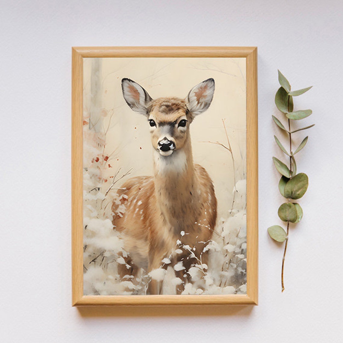 Young Deer Standing In Soft Snowy Woodland Watercolor Poster - Image 2