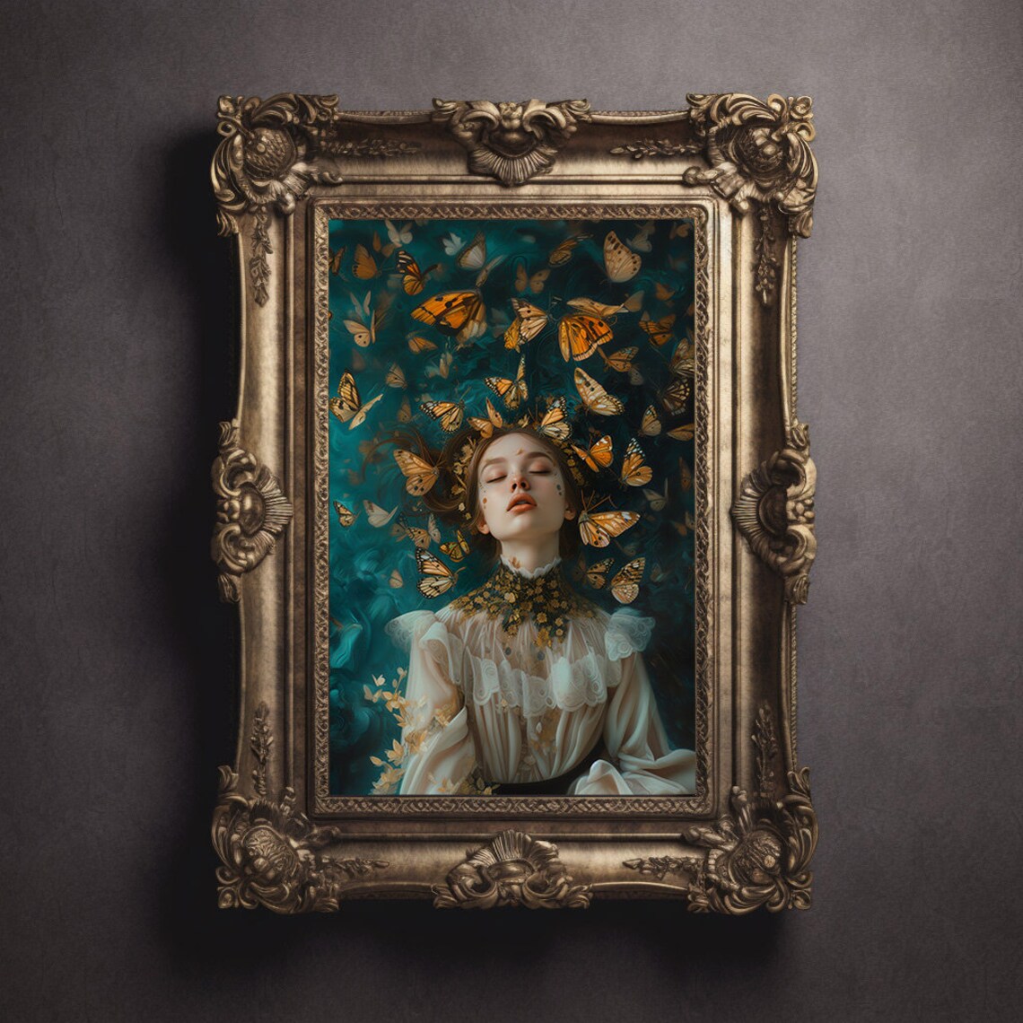 Dreamy Woman Surrounded By Golden Butterflies Teal Art Poster - Image 3