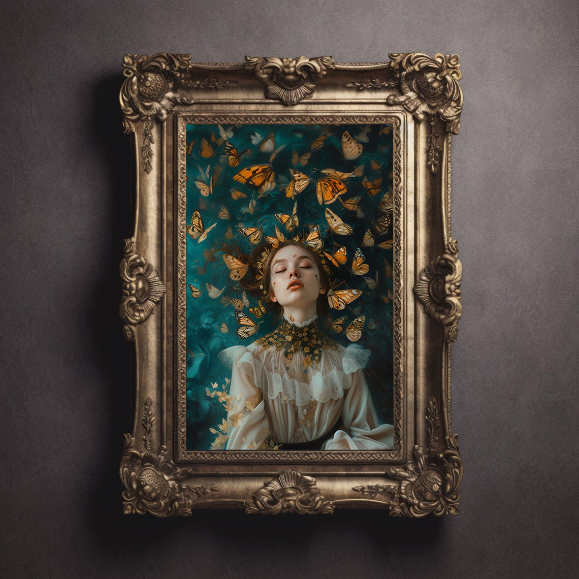 Moody Woman With Butterflies Portait Dreamy Oil Painting Surreal Lady Painting Victorian Aesthetic Art Dark Academia - Image 3